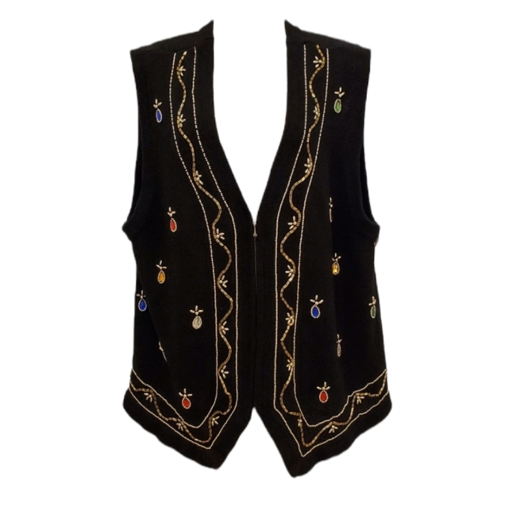 Victoria Jones Vintage Embellished Black Sweater Vest Holliday Womens Size M